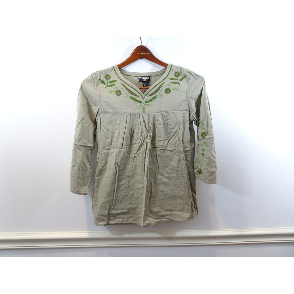 Polo Jeans Co Ralph Lauren Khaki Tan Green Floral Embroidered Tunic Top Small